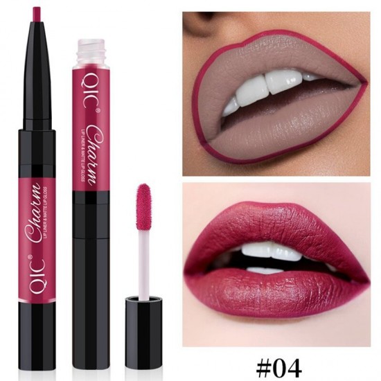 2 In 1 Lip gloss Wateproof Double Ended Long Lasting Liquid Lipsticks Matte Velvet Lip Makeup Cosmetics Nude Lip Liner Pencil