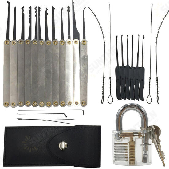 12pcs Unlocking Lock Pick Set + 10pcs Key Extractor Set +1pc Transparent Practice Padlock