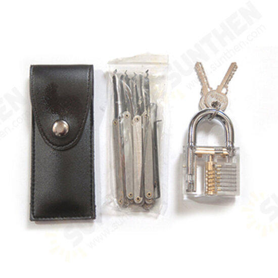 Transparent Practice Padlock with 12pcs Unlocking Lock Picks Set Key Extractor Tools