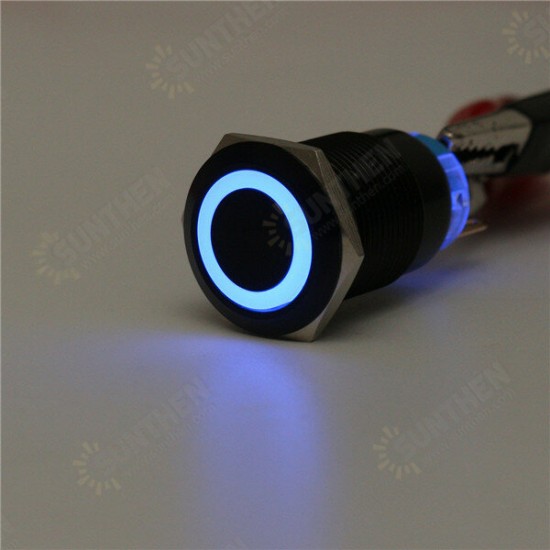 12V 19mm Self-locking Push Button Switch Ring LED Flat Head 5 Pins Waterproof Switch