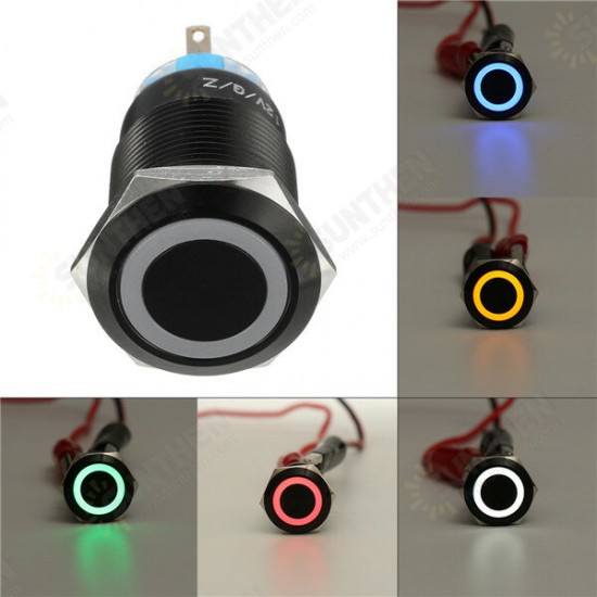 12V 19mm Self-locking Push Button Switch Ring LED Flat Head 5 Pins Waterproof Switch