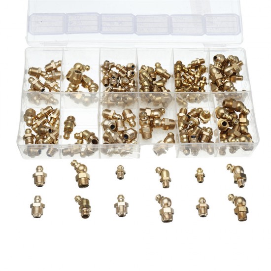 130pcs Assorted Box Grease Nipples Fitting Tools Kit Metric and Imperial BSP UNF M6 M8 M10 45/90/180 Degree