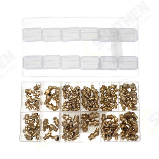 130pcs Assorted Box Grease Nipples Fitting Tools Kit Metric and Imperial BSP UNF M6 M8 M10 45/90/180 Degree