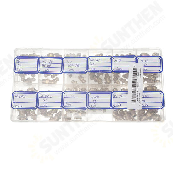 130pcs Assorted Box Grease Nipples Fitting Tools Kit Metric and Imperial BSP UNF M6 M8 M10 45/90/180 Degree