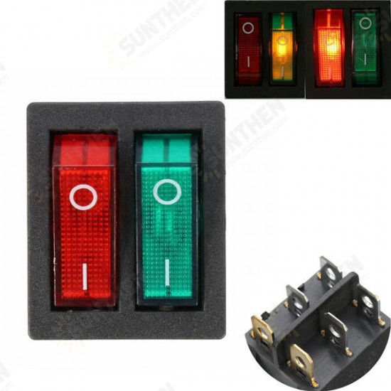 6 Pins Double SPST On/Off Rocker Boat Switch Red Green Light AC 250V/15A 125V/20A Switch