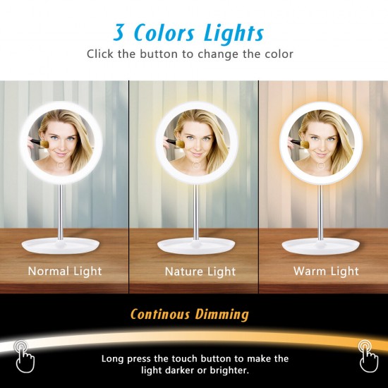 White Circular Mirrors Lamp 1200 mA Battery with 5X Magnifier Touch Switch Three Color Temperature Adjustment Polarless Dimming Distribution USB Wire
