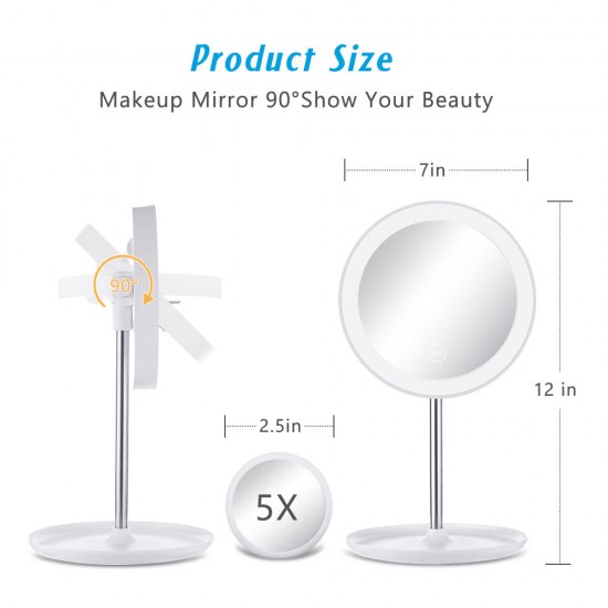 White Circular Mirrors Lamp 1200 mA Battery with 5X Magnifier Touch Switch Three Color Temperature Adjustment Polarless Dimming Distribution USB Wire