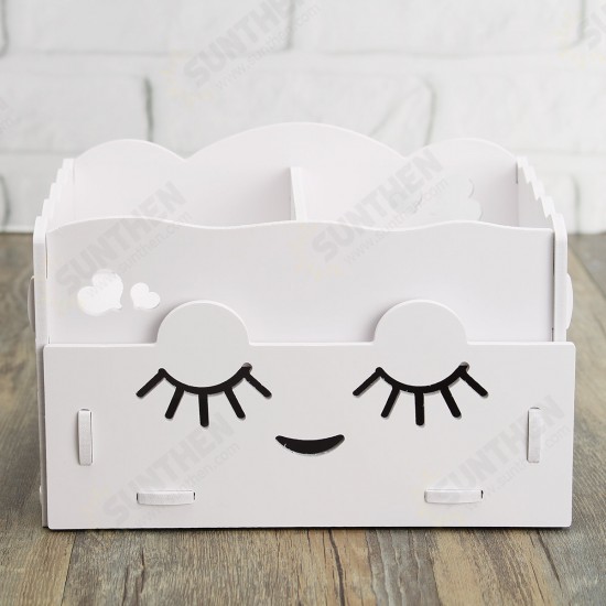 Smiling Face Cute Wooden White Makeup Organizer Neat Table Collecting Case Cosmetics Tools