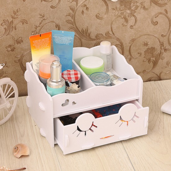 Smiling Face Cute Wooden White Makeup Organizer Neat Table Collecting Case Cosmetics Tools
