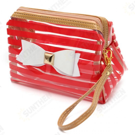 Stripe Transparent Cosmetic Bag Travel PVC Bow Tie Make Up Organizer Case