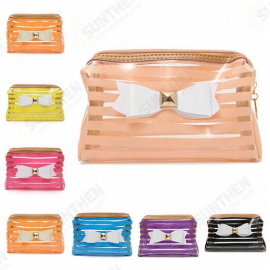 Stripe Transparent Cosmetic Bag Travel PVC Bow Tie Make Up Organizer Case