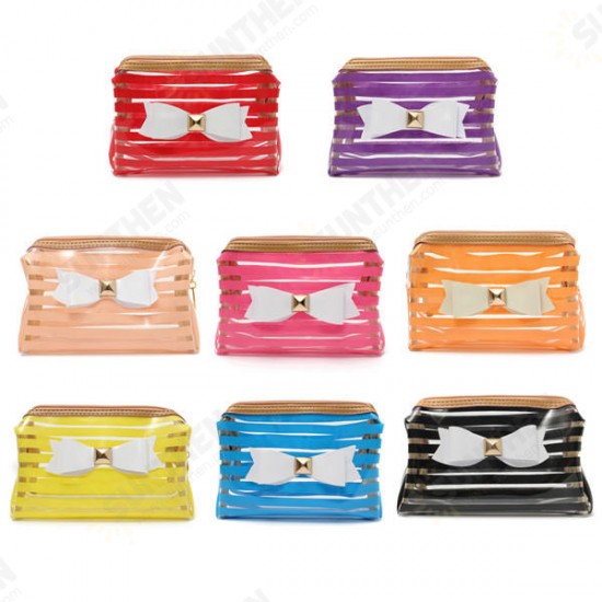 Stripe Transparent Cosmetic Bag Travel PVC Bow Tie Make Up Organizer Case