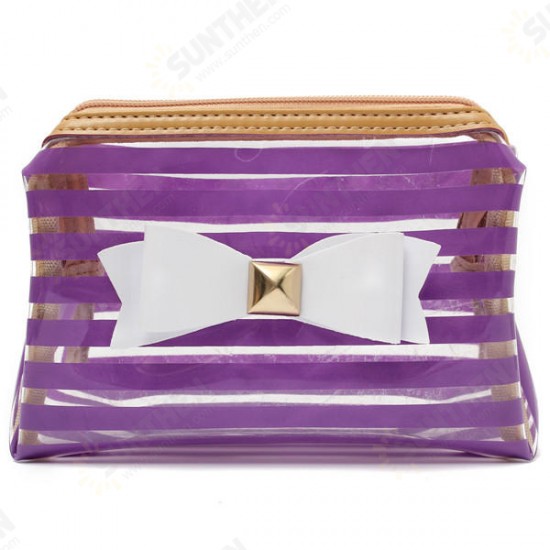 Stripe Transparent Cosmetic Bag Travel PVC Bow Tie Make Up Organizer Case