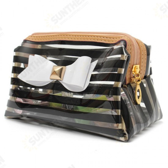 Stripe Transparent Cosmetic Bag Travel PVC Bow Tie Make Up Organizer Case