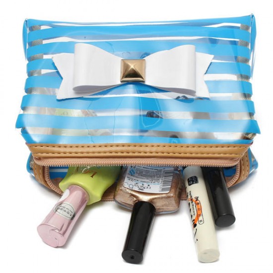 Stripe Transparent Cosmetic Bag Travel PVC Bow Tie Make Up Organizer Case