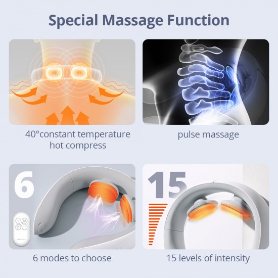 NMK601 Electric Neck Massager 40° Hot Compress Heating TENS Pulse Massage Instrument 6 Modes 15 Levels Deep Tissue Relax Portable For Men/Women