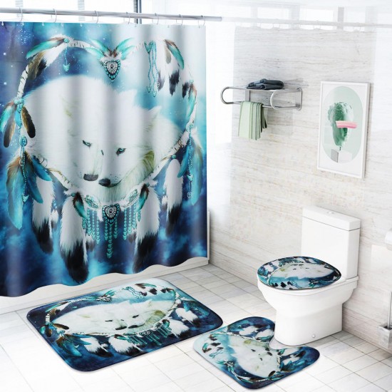 B68916 White Wolf Dream Catcher Bathroom Shower Curtain Lid Toilet Mat Cover Bath Floor Mat