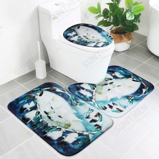 B68916 White Wolf Dream Catcher Bathroom Shower Curtain Lid Toilet Mat Cover Bath Floor Mat