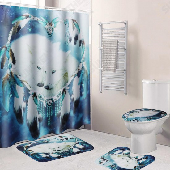 B68916 White Wolf Dream Catcher Bathroom Shower Curtain Lid Toilet Mat Cover Bath Floor Mat