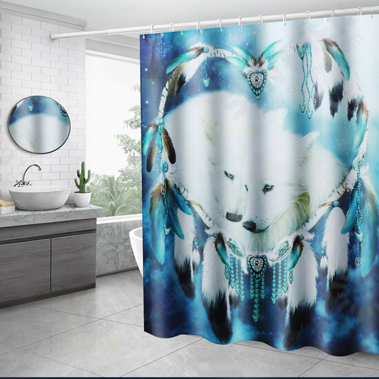 B68916 White Wolf Dream Catcher Bathroom Shower Curtain Lid Toilet Mat Cover Bath Floor Mat