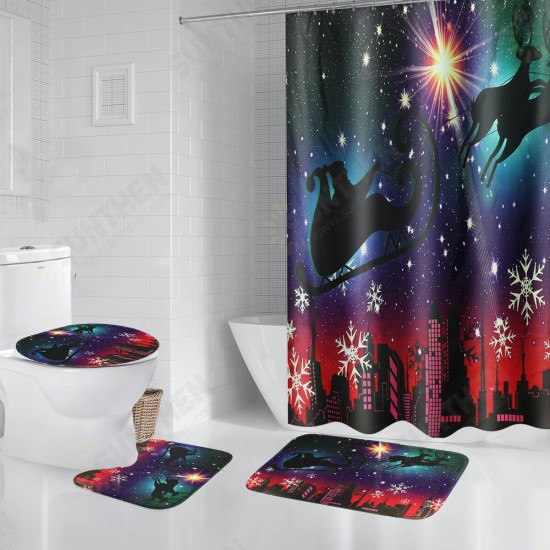 Christmas Shower Curtain Bathroom Rug Mat Toilet Lid Cover Bath Set Non Slip