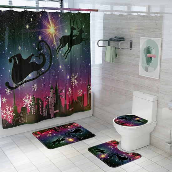 Christmas Shower Curtain Bathroom Rug Mat Toilet Lid Cover Bath Set Non Slip