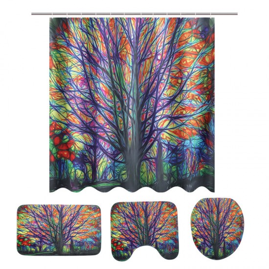 Colorful Dreamy Tree Pattern Bathroom Waterproof Shower Curtain Floor Mat Pedestal Rug Toilet Lid Cover Bath Mat