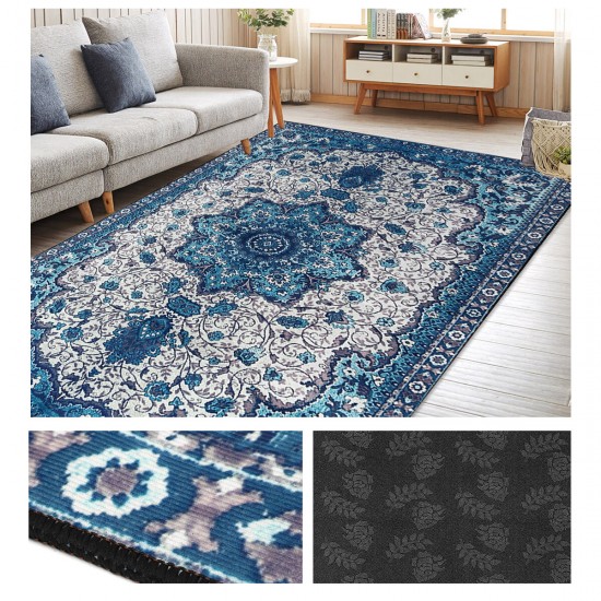 Premium Large Floor Rug Navy Blue Super Soft Print Traditional Persian Carpet