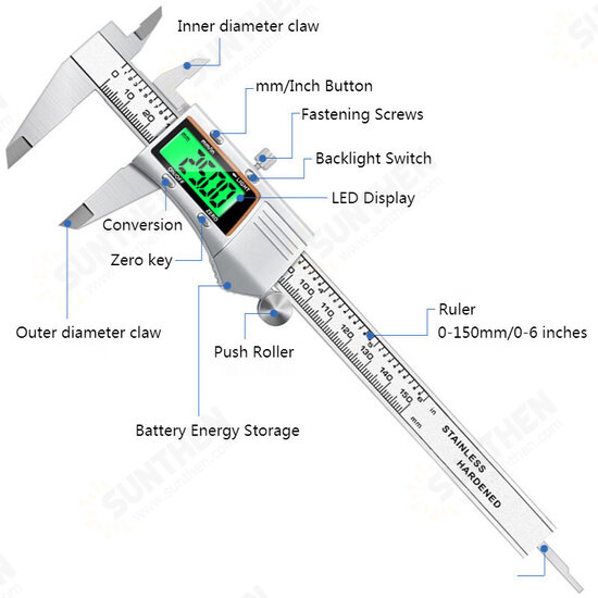 150mm LCD Stainless Steel Digital Caliper with Backlight Electronic Vernier Caliper 6 inch Micrometer Ruler Calipers Measuring Tool 150mm LCD Stainless Steel Digital Caliper with Backlight Electronic Vernier Caliper 6 inch Micrometer Ruler Calipers Measuring Tool