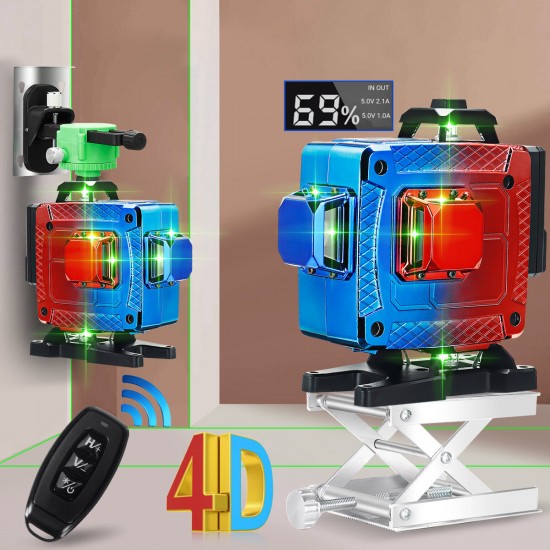 16 Line 4D Colorful Green Light Laser Level Single/Dual Battery 360° Horizontal Vertical Cross Measurement