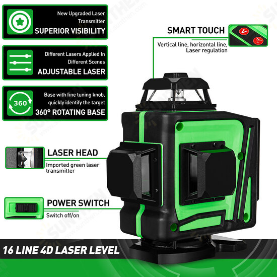 16/12 Line 360° Horizontal Vertical Cross 4D Green Light Laser Level Self-Leveling Measure Super Powerful Laser Beam