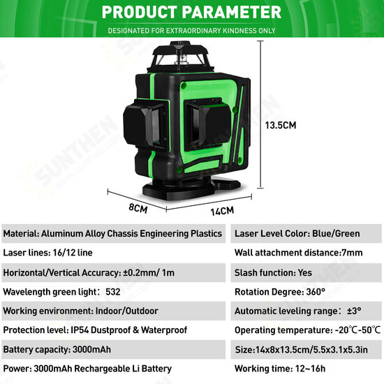 16/12 Line 360° Horizontal Vertical Cross 4D Green Light Laser Level Self-Leveling Measure Super Powerful Laser Beam