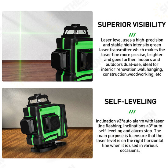 16/12 Line 360° Horizontal Vertical Cross 4D Green Light Laser Level Self-Leveling Measure Super Powerful Laser Beam