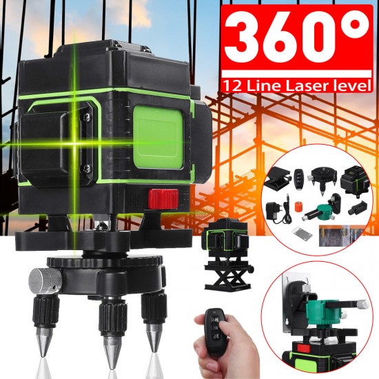 3D Laser Level 12 Lines Green Light 360° Self-levelling Rotary Cross-Line Laser EU Plug