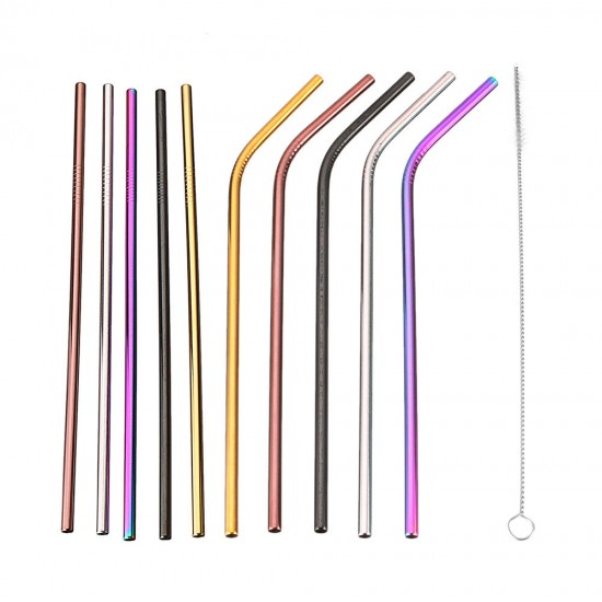 Set of 10 Multi-Color Stainless Steel Straws Drinking Tumblers Cold Beverage Cup Straw w/ Brush