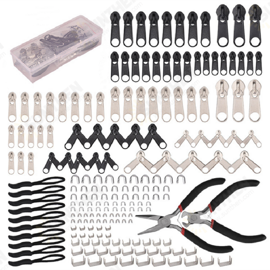 197Pcs Zipper Repair Kit Zipper Replacement Zipper Pull Rescue Kit with Zipper Install Pliers Tool and Zipper Extension Pulls