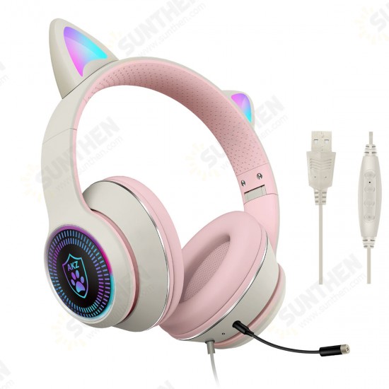 AKZ-023 Cat Ear Wired Headset USB 7.1 Channel Stereo Sound Head-mounted Luminous RGB Gaming Headphone with Sound Card Noise-canceling Microphone for PC