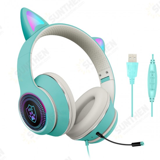 AKZ-023 Cat Ear Wired Headset USB 7.1 Channel Stereo Sound Head-mounted Luminous RGB Gaming Headphone with Sound Card Noise-canceling Microphone for PC