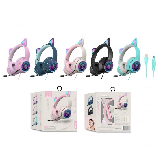 AKZ-023 Cat Ear Wired Headset USB 7.1 Channel Stereo Sound Head-mounted Luminous RGB Gaming Headphone with Sound Card Noise-canceling Microphone for PC
