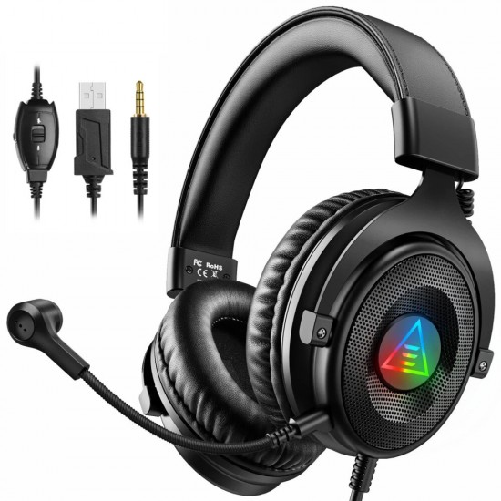E900DL Gaming Headset Gamer 3.5mm Stereo Wired Gaming Headphones with Noise Cancelling Microphone RGB Light for PC/PS5/Xbox