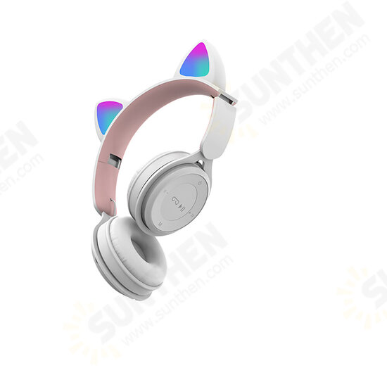 DR-08 Pink Colorful Cat Ear bluetooth Headphone with Mic Rainbow Light HIFI Sound Folding Audio/TF/USB Connection