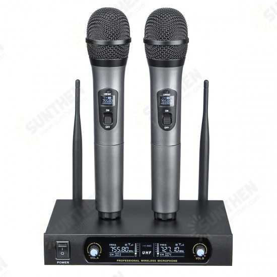 UHF Receiver 2 Channel Wireless Microphone System Bass Good Sounds KTV Party Sing Home Entertainment