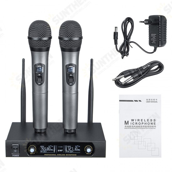 UHF Receiver 2 Channel Wireless Microphone System Bass Good Sounds KTV Party Sing Home Entertainment