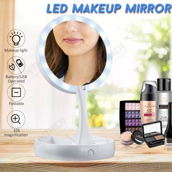 10X Magnifying Lighted Double-Sided Makeup Mirror LED Bathroom Travel Foldable