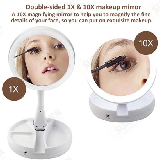 10X Magnifying Lighted Double-Sided Makeup Mirror LED Bathroom Travel Foldable