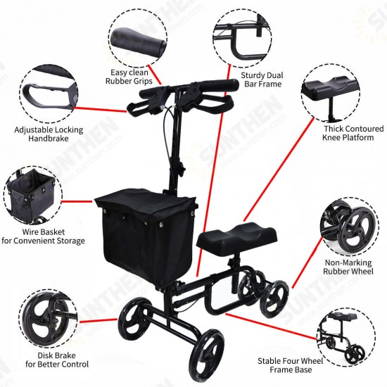 Mobility Knee Walker Scooter Roller Crutch Leg Steerable Foldable Design Adjustable Height Adjustable Locking Hand Brake