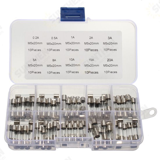 100Pcs 5x20mm 0.2A-20A Quick Blow Glass Tube Fuse Assorted Kit Fast-blow Glass Fuses