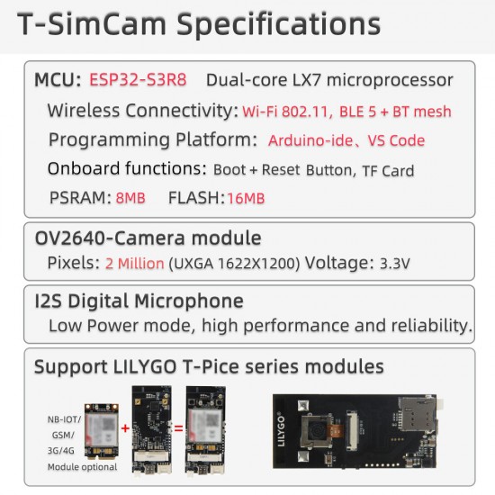 T-SIMCAM ESP32-S3 CAM Development Board WiFi Bluetooth 5.0 Wireless Module With OV2640 Camera TF Slot Adapt T-PCIE SIM
