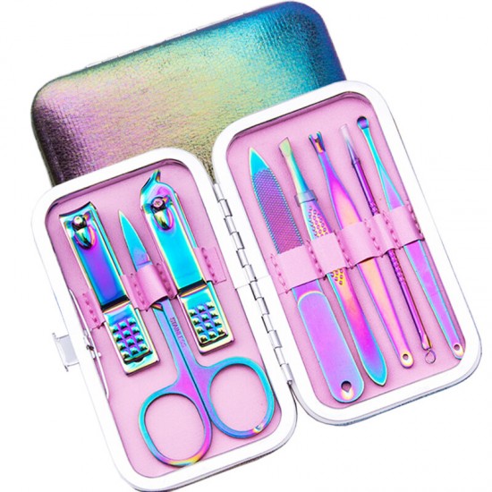 8pcs Rainbow Stainless Steel Nail Clippers Set Professional Scissors Suit With Box Trimmer Grooming Manicure Cutter Kits
