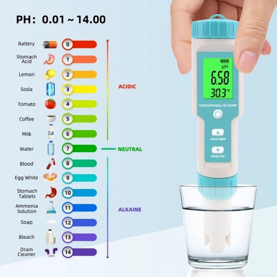 C-600 7 in 1 PH/TDS/EC/ORP/Salinity /S.G/Temperature Meter Water Quality Tester for Drinking Water Aquariums PH Meter